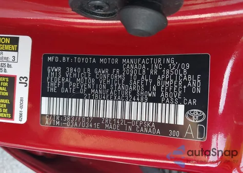 2010 Toyota Corolla S z USA, uszkodzony, nr VIN 2T1BU4EEXAC324489